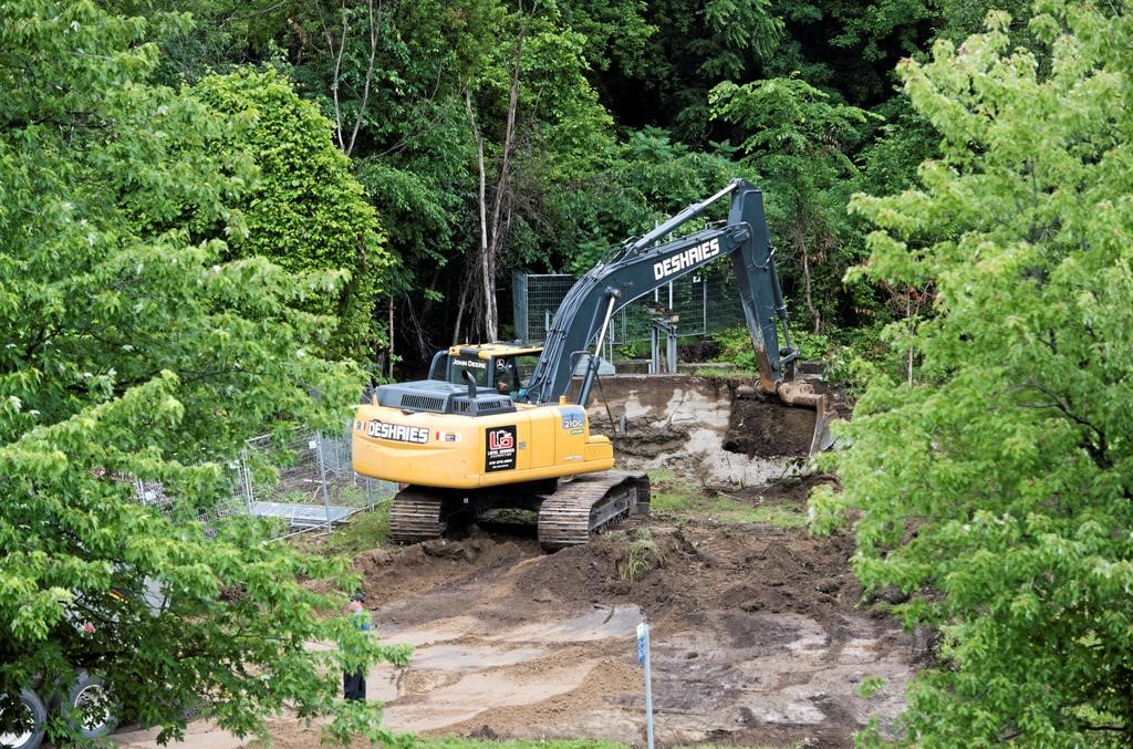 Pelleteuse sur un chantier qui excave la terre contenant de la renouée du Japon